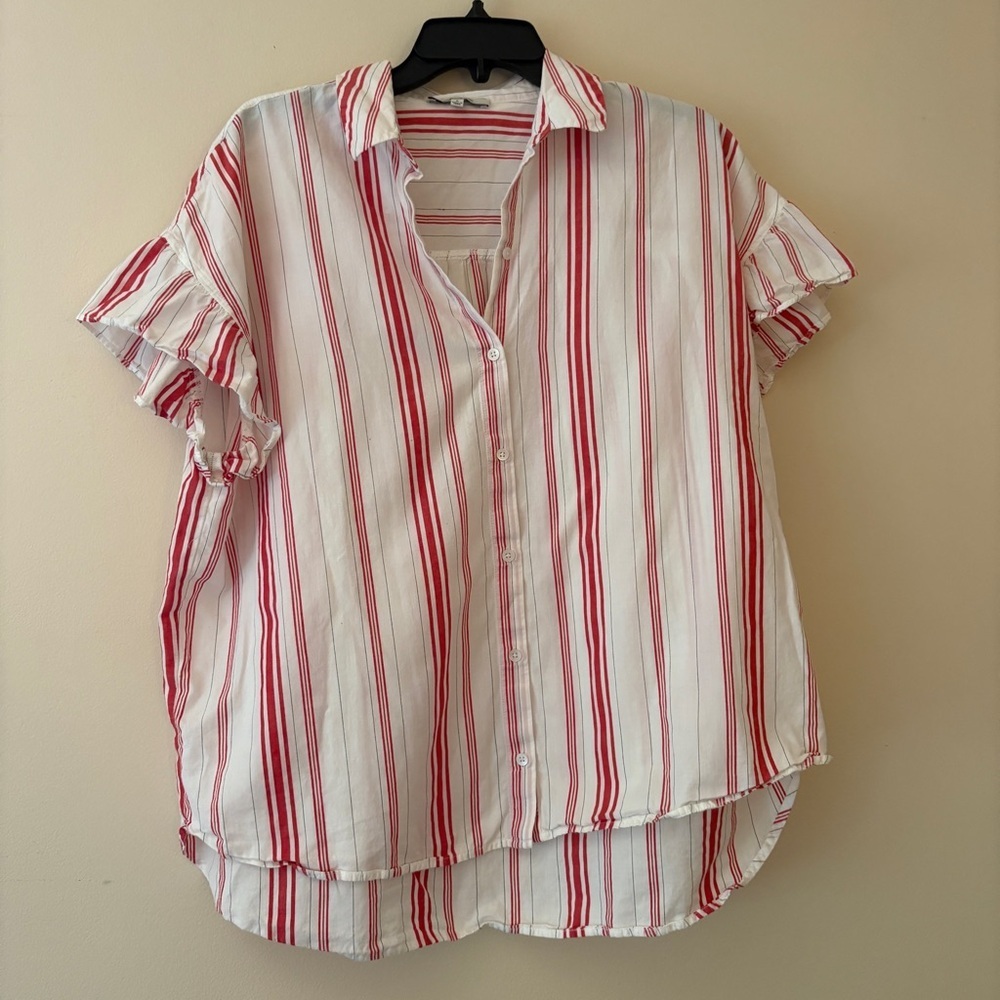 Madewell Red White Striped Ruffle Sleeve Button Down Shirt Large Cotton
